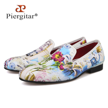 Piergitar 2019 New style Colourful Flowers Prints white color men shoes Fashion men smoking slipper Wedding Party men's loafers 2024 - buy cheap