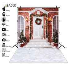 Laeacco Christmas Backdrops Brick House Window Wreath Pine Trees Snow Photography Backgrounds Winter Photophone For Photo Studio 2024 - buy cheap