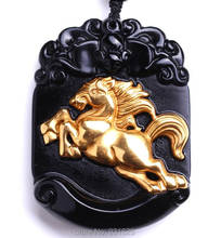 Beautiful Natural Black Obsidian Carved Gold  Chinese Zodiac Horse Lucky Amulet Pendant + free Necklace fashion Jewelry 2024 - buy cheap