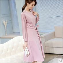 Vestido de manga larga de oficina para mujer, ropa rosa y azul marino, cuello redondo, color sólido, 2019 2024 - compra barato