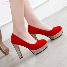 Chinese party style comfortable round toe flock pumps with fashion studded red blue black high heels chunky women's shoes 2024 - buy cheap