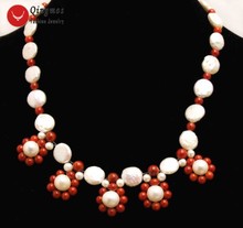 Collar con colgante de perlas naturales Qingmos para mujer con flor roja y collar de perlas redondas con moneda blanca de 12-13mm joyería gargantillas n6226 2024 - compra barato