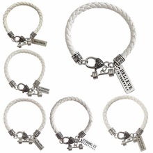 White Leather Braided CrossFit Fitness Dumbell Barbell Charm Bracelet Weakness is a Choice Strong is Beautiful I CHOOSE STRENGTH 2024 - buy cheap