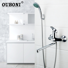 OUBONI Wall Mounted Length Outlet Rotating Bathroom Shower Faucet Bath Faucet Mixer Tap With Hand Shower Faucet Set Bathtub 2024 - buy cheap