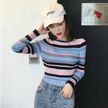 2019 Spring  autumn wild striped bottoming shirt low round neck long-sleeved sweater women's shirt Slim thin sweater women's 2024 - buy cheap