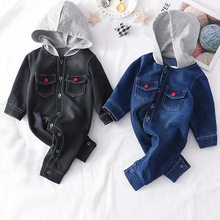 IYEAL Newborn Baby Boy Hooded Romper Cotton Long Sleeve Denim Blue Black Jumpsuit With Pockets Children Toddler Outfits 3-18M 2024 - buy cheap