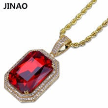 JINAO Gold Color Plated Iced Out Hip Hop Micro Pave Red Stone Pendant Necklace Stainless Steel 50cm Rope Chain For Men And Women 2024 - buy cheap