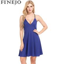 FINEJO Women Sexy V-Neck Tunic A-Line Pleated Hem Back Cross Cami Dress 2018 Summer New Ladies Femme Party Club Dresses Vestidos 2024 - buy cheap