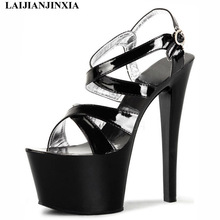 LAIJIANJINXIA New 17cm Black/silver high-heeled sandals stilettos sexy peep-toe wedding shoes bandage for women's shoes 2024 - buy cheap