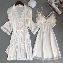 Sexy Women Rayon Kimono Bathrobe WHITE Bride Bridesmaid Wedding Robe Set Lace Trim Sleepwear Casual Home Clothes Nightwear 2024 - buy cheap