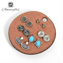 Amaiyllis 6 Pairs/Set Alloy Geometric Studs Earrings For Women Vintage Stone Glass Round Flower Oval Post Earrings Retro Brincos 2024 - buy cheap