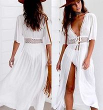Womens Summer Solid White V-neck Dresses Voile Holiday Beach Suit Short Sleeve Dress 2024 - buy cheap