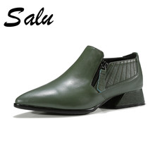 Salu 2020 Women Genuine Leather Pumps Female Shallow Solid Color Shoes Pointed toe High Heel Black Green Dress Shoes 2024 - buy cheap