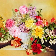 Цветущая ваза с цветами, шелковая лента, вышивка, 3D холст, живопись, Набор для вышивки крестиком из сатина, вышивка рукоделие gift DIY home wall de 2024 - купить недорого