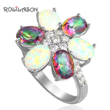 ROLILASON Appealing Rainbow Zircon Design Wedding fashion jewelry for women white fire Opal silver plated Rings USA size OR599 2024 - buy cheap