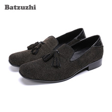 Batzuzhi mocassins masculinos de cristal preto, calçados casuais de couro para homens com borlas, produto novo 2024 - compre barato