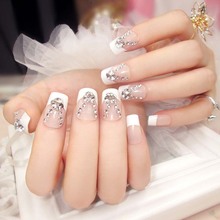 24 pcs Full Nail Tips 3D Shining Rhinestone Nude False Nails Natural Bling French Long Design Nail Art Decoration With Glue 2024 - buy cheap