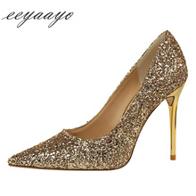 2019 New Spring/Autumn Women Pumps High Thin Heel Pointed Toe Shallow Sexy Bling Bridal Wedding Women Shoes Gold High Heels 2024 - buy cheap