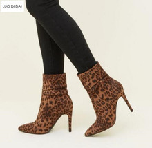 Botas femininas de enfiar no tornozelo, sapatos de festa com estampa de oncinha, ponta fina de camurça e couro com estampa de leopardo, novo, outono, 2020 2024 - compre barato