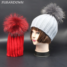 FURANDOWN Winter Kids Beanie Knitted Hat For Children Baby Dyed Color Natural Fur Pompom Caps Girls Boys Baby Hats 2024 - buy cheap