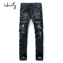 Hmily famosa marca de moda designer jeans homens em linha reta cor azul escuro impresso jeans rasgado buraco jeans 100% algodão masculino 2024 - compre barato