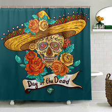 Cortina de baño del Día de los muertos, cortina de ducha de tela de poliéster impermeable con calavera de azúcar y flores de colores para baño con 12 ganchos 2024 - compra barato