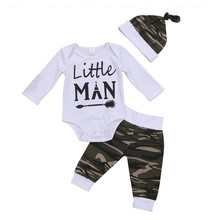 Bebê menino quente outono roupas conjunto recém-nascido da criança manga longa carta macacão camuflagem calças chapéu roupas 3 pçs conjunto 2024 - compre barato