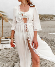 Женская пляжная одежда большого размера 2020, белая хлопковая туника, сексуальное летнее пляжное платье с рукавами три четверти, Robe de plage N839 2024 - купить недорого