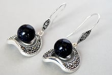 VINTAGE 925 SILVER 10MM BLUE SAND jade BEADS MARCASITE HOOK EARRINGS 11/2" 2024 - buy cheap