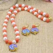 9-10mm white natural pearl 8mm orange faux coral round beads necklace earrings gold-color cloisonne jewelry 18inch B3180 2024 - buy cheap
