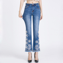 FERZIGE Brand 2019 Beading Embroidery Beautiful Flare Pants Women Casual Skinny Jeans Streetwear Plus Size Lady Blue Trousers 2024 - buy cheap
