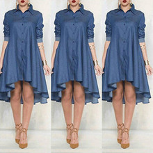 New  Women Plus Size  Jeans Dress Denim Loose Mini Dress  Irregular Long Sleeve Dresses Blue XL 2024 - buy cheap