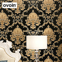 Luxury Black Gold Luxury Embossed Texture 3D Damask Wallpaper Roll DIY Washable