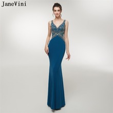 JaneVini 2018 Luxurious Beaded Crystal Satin Bridesmaid Dresses Floor Length V Neck Backless Mermaid Sexy Long Prom Party Gowns 2024 - buy cheap