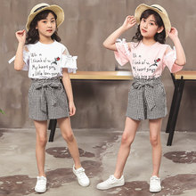 Fashion Teenage Girls Baby Clothing Summer Kids White Pink Letter Rose T shirt + Plaid Shorts Child Clothing Set 4- 13 Years Old 2024 - buy cheap