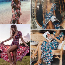 New Fashion Women Summer Floral Dress Deep V Neck Sexy Ladies Casual Loose Long Maxi Dress Sundress Travel Beach Dress 2024 - buy cheap