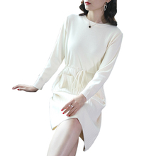 Vestido suéter gola redonda branco feminino, vestido solto manga comprida na altura do joelho primavera, novo vestido casual com bolsos 2024 - compre barato