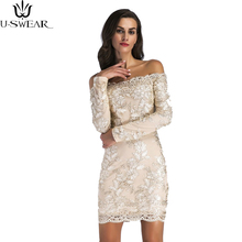 Sexy Stylish Womens Slash Neck Off Shoulder Long Sleeve Lace Floral Embroidery Slim Fit Above Knee Party Evening Short Dress 2024 - buy cheap