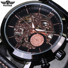 Vencedor retro rosa ouro esqueleto preto relógio automático masculino couro genuíno relógio de pulso mecânico masculino topo da marca luxo 2024 - compre barato