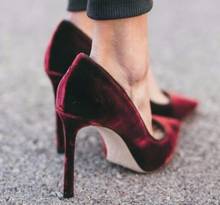 BONJEAN Newest Wine Red Velvet High Heel Shoes Sexy Pointed Toe Thin Heels Pumps for Woman Slip on Office Lady Dress Heels Black 2024 - buy cheap