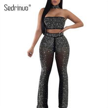 Sedrinuo conjunto de 2 peças de macacão sensual, gargantilha sem alça macacão com lantejoulas strass bodycon top bodycon e calça solta 2024 - compre barato