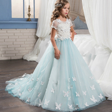 Abaowedding Blue Butterfly Girls Dresses with Sleeves Ball Gown Kids First Communion Dress Long Flower Girls Pageant Dress 2024 - buy cheap