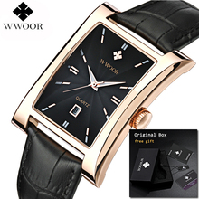 WWOOR 2019 Men's Wrist Watches Top Brand Luxury Men Gold Square Watches Genuine Leather Quartz Male Watches relogio masculino 2024 - buy cheap