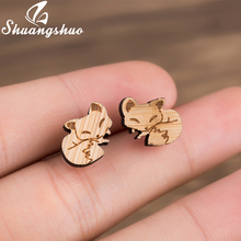 Shuangshuo brincos de animais em formato de raposa, joias para mulheres e meninas brincos de raposa adormecida, acessórios de madeira com pinos do alibaba express 2024 - compre barato