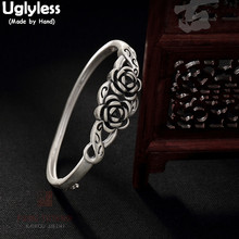 Uglyless Real S 990 Silver Jewelry Vulcanized Thai Black Silver Women Vintage Bangles Romantic Rose Floral Bangle Hollow Bijoux 2024 - buy cheap