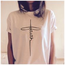 Faith-Camiseta con eslogan cruzado cristiano para mujer, camisetas estampadas, camisetas informales holgadas de algodón, regalo vintage, tops artísticos a la moda 2024 - compra barato
