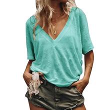 Camiseta feminina de verão, plus size, cor sólida, gola em v, manga curta, camiseta solta, básica, tendência 2024 - compre barato