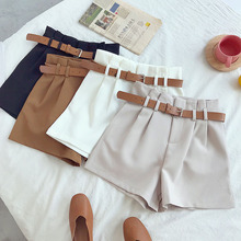 Pantalones cortos de cintura alta para mujer, pantalón corto de pierna ancha, liso, con cinturón, diseño corto coreano, 2019 2024 - compra barato