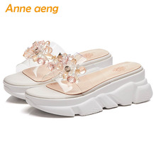 2019 New Summer Genuine Leather Outside Women Slippers High Wedge Heel Crystal Fashion Women Platform Shoes White Mules Slides 2024 - buy cheap