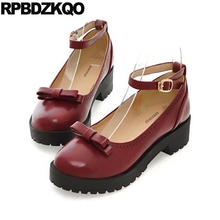 Bow Pumps Round Toe Wine Red 11 43 Women Medium Heels Chunky 2021 Footwear Size 33 Big Sweet Lolita Ankle Strap Shoes Low 10 42 2024 - buy cheap